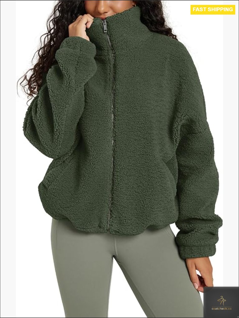 Sherpa Fleece Full-Zip Jacket Cozy Warm Outerwear Funnel Neck Jacket Pockets